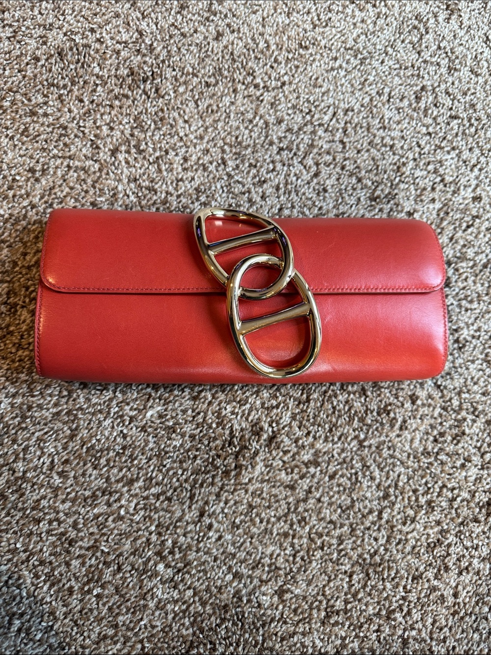 Hermes Red Leather Clutch with Gold Chain Accent